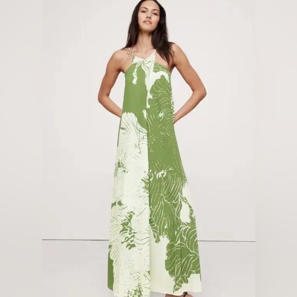 Banana Republic Matte Silk Tropical Halter Maxi Dress NWT Small Summer Event
